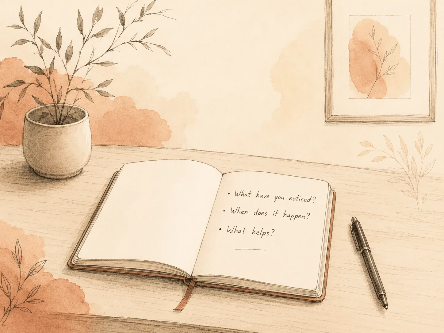 A prepared list of questions for a dermatology appointment about picking, sitting beside a calm consultation setting