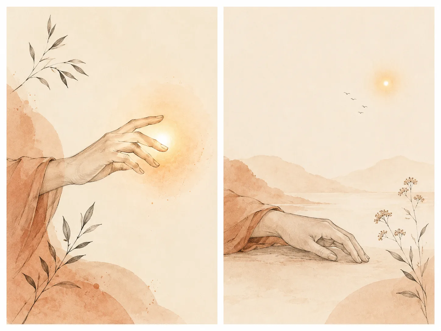 Two panels side by side: one showing a deliberate, intent, focused reach lit clearly by a warm glow, the other showing an absent-minded hand at rest with the glow faint and distant, representing focused versus automatic picking