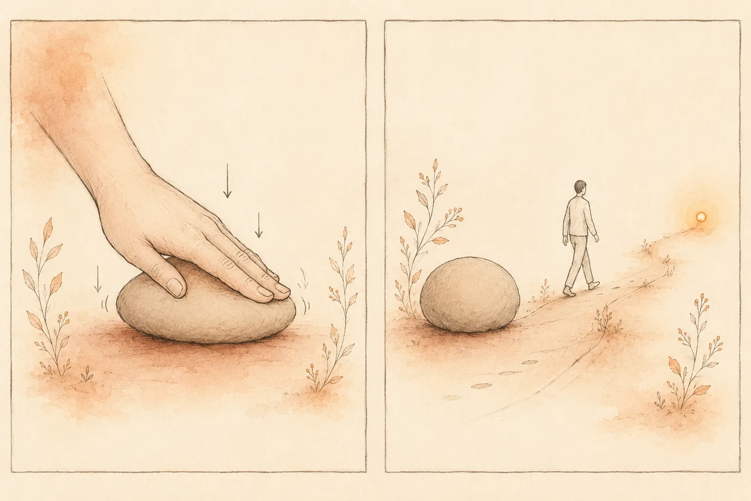 Two paths leaving a single point: one circling back on a shape that never shrinks, the other running past it toward a small glowing marker, illustrating urge reduction as a goal versus values-based action as a goal