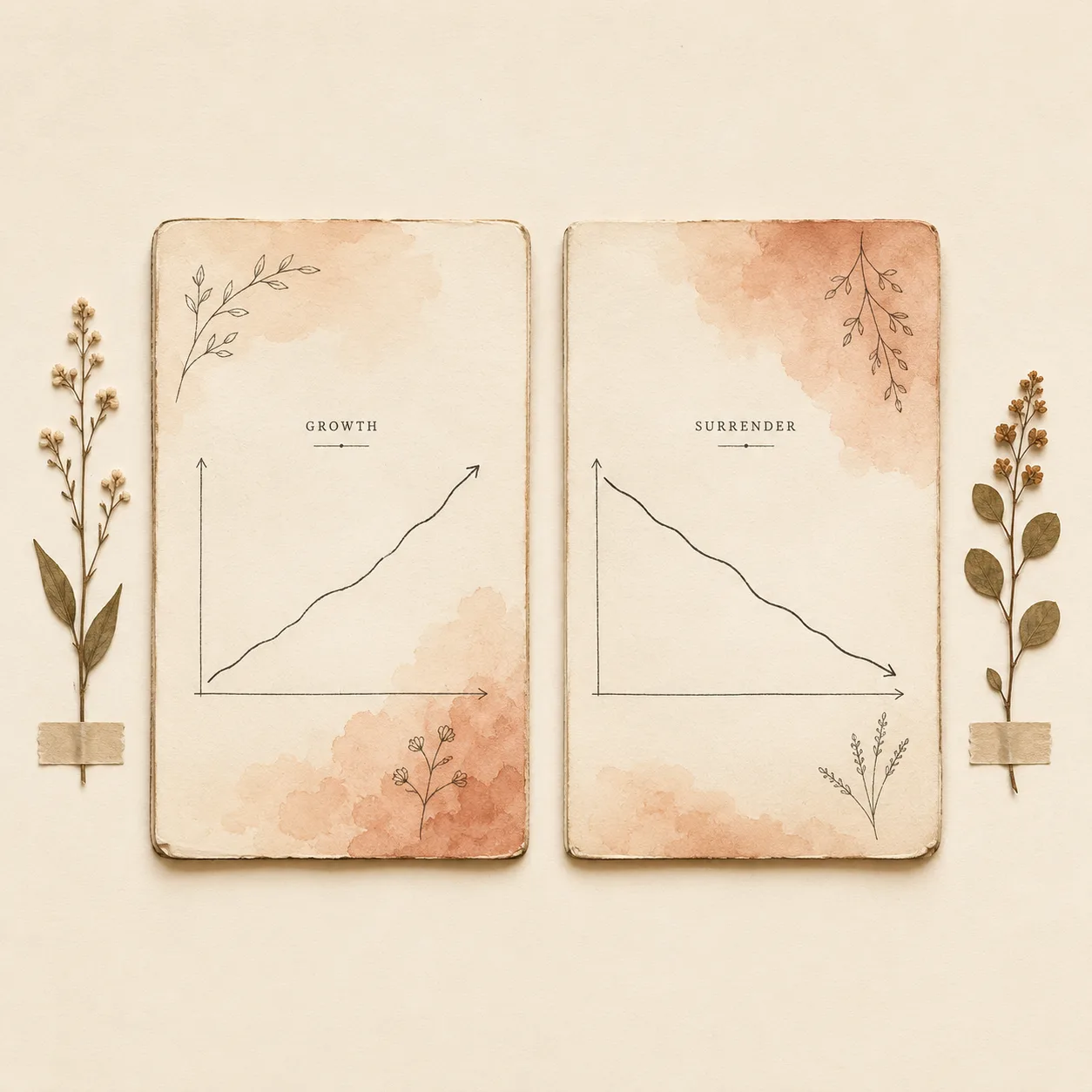 Illustration of two open journal pages facing each other across a gap, one holding a rising line and one a falling line, weighted equally, representing case reports pointing in opposite directions