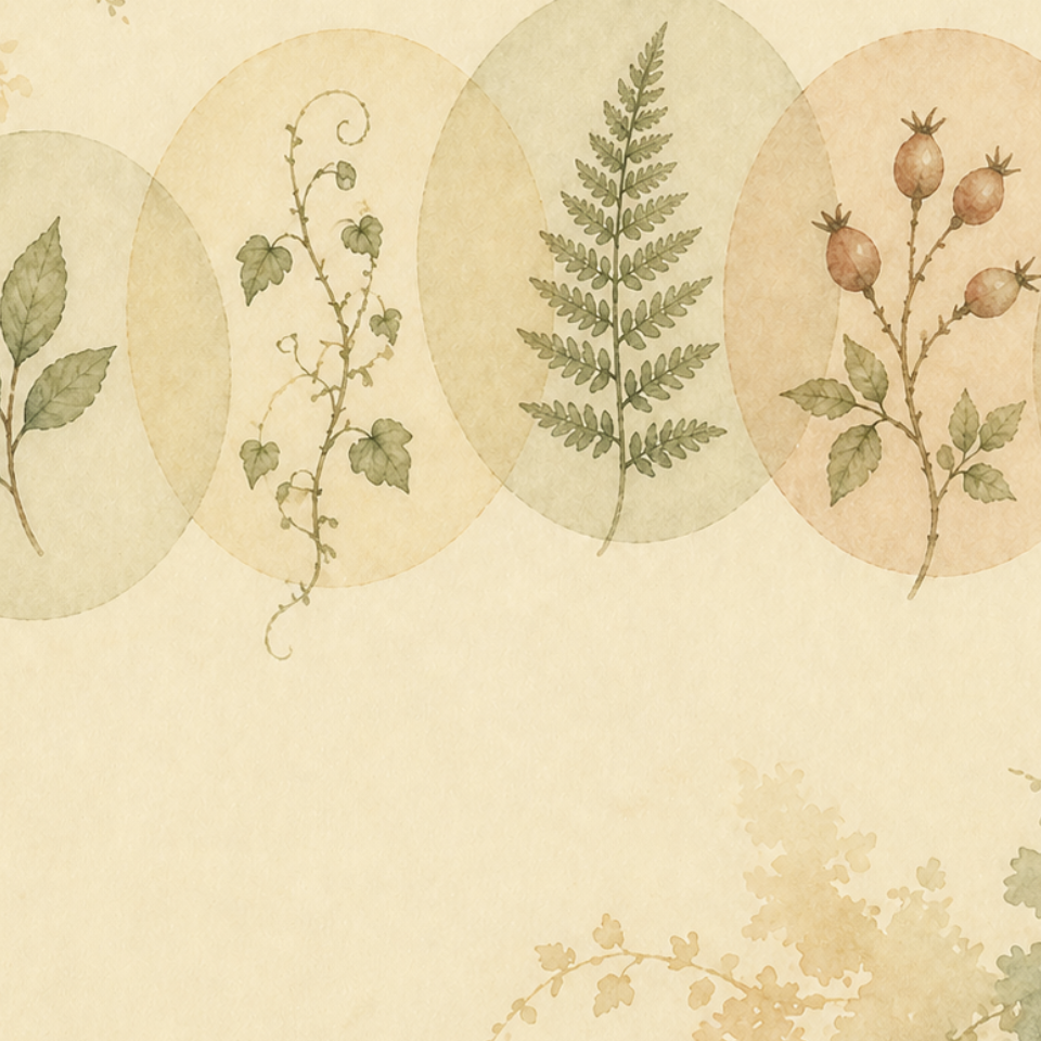 Watercolor illustration of five soft translucent circles arranged in a horizontal arc, each holding a delicate botanical sprig — a leaf, a vine, a fern frond, a rosehip cluster, a single drooping flower