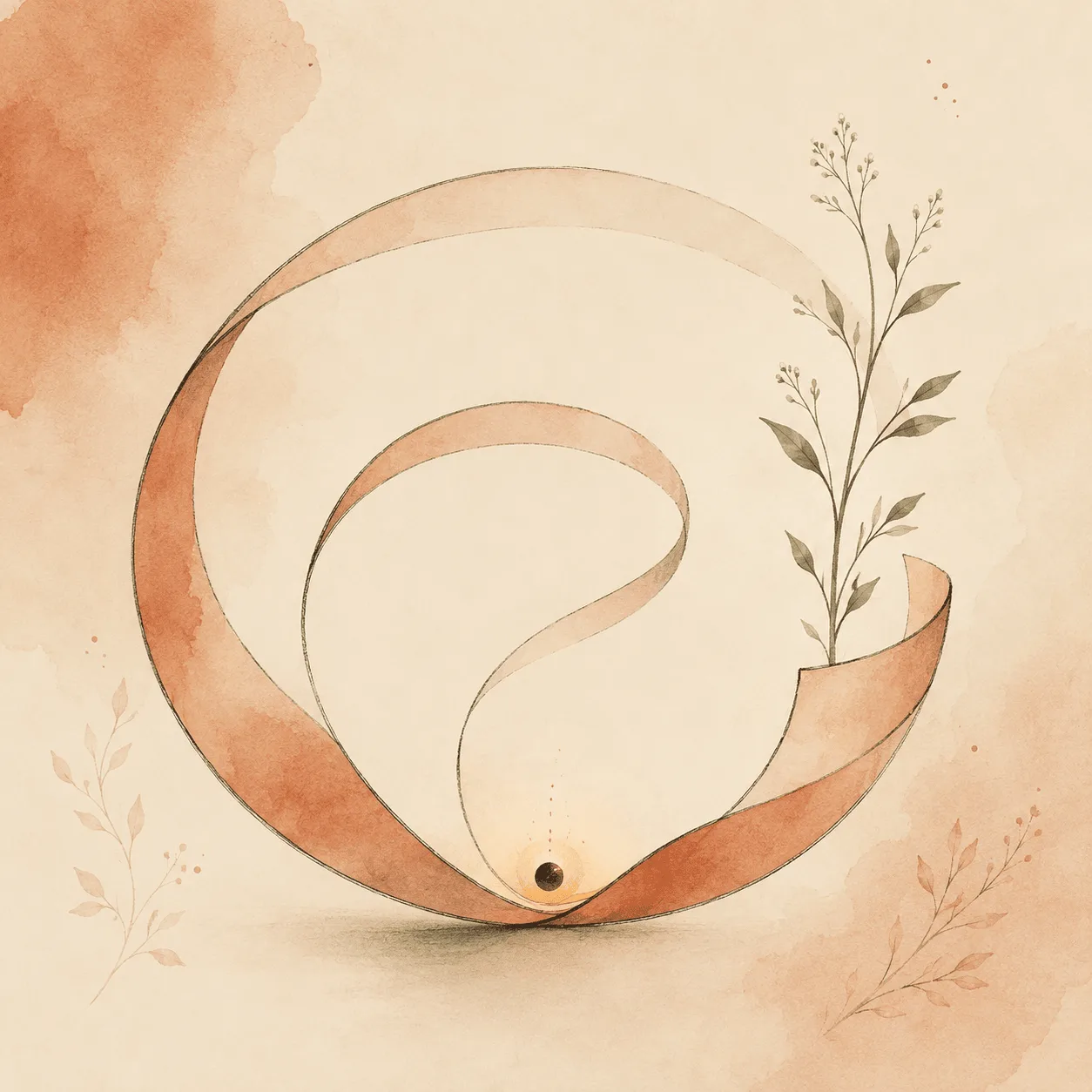 A watercolor spiral descending to a low point and rising again, with a small break in the ring where a botanical sprig grows through, showing that the shame cycle after a picking episode has an opening in it.