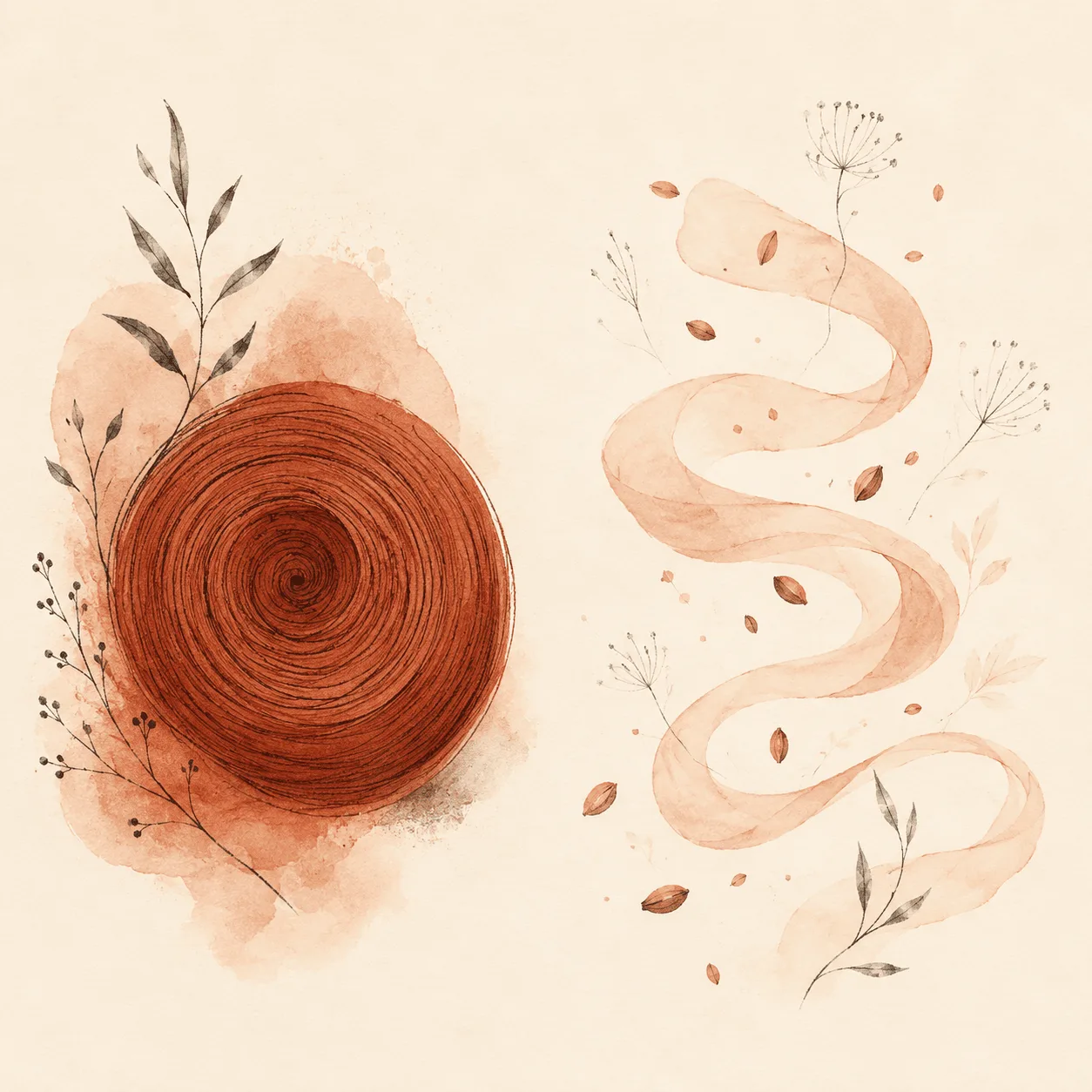 Two abstract watercolor forms side by side, one tightly coiled and dense, one loose and drifting, representing anxiety-driven picking and automatic boredom-driven picking as two different shapes of the same behavior.