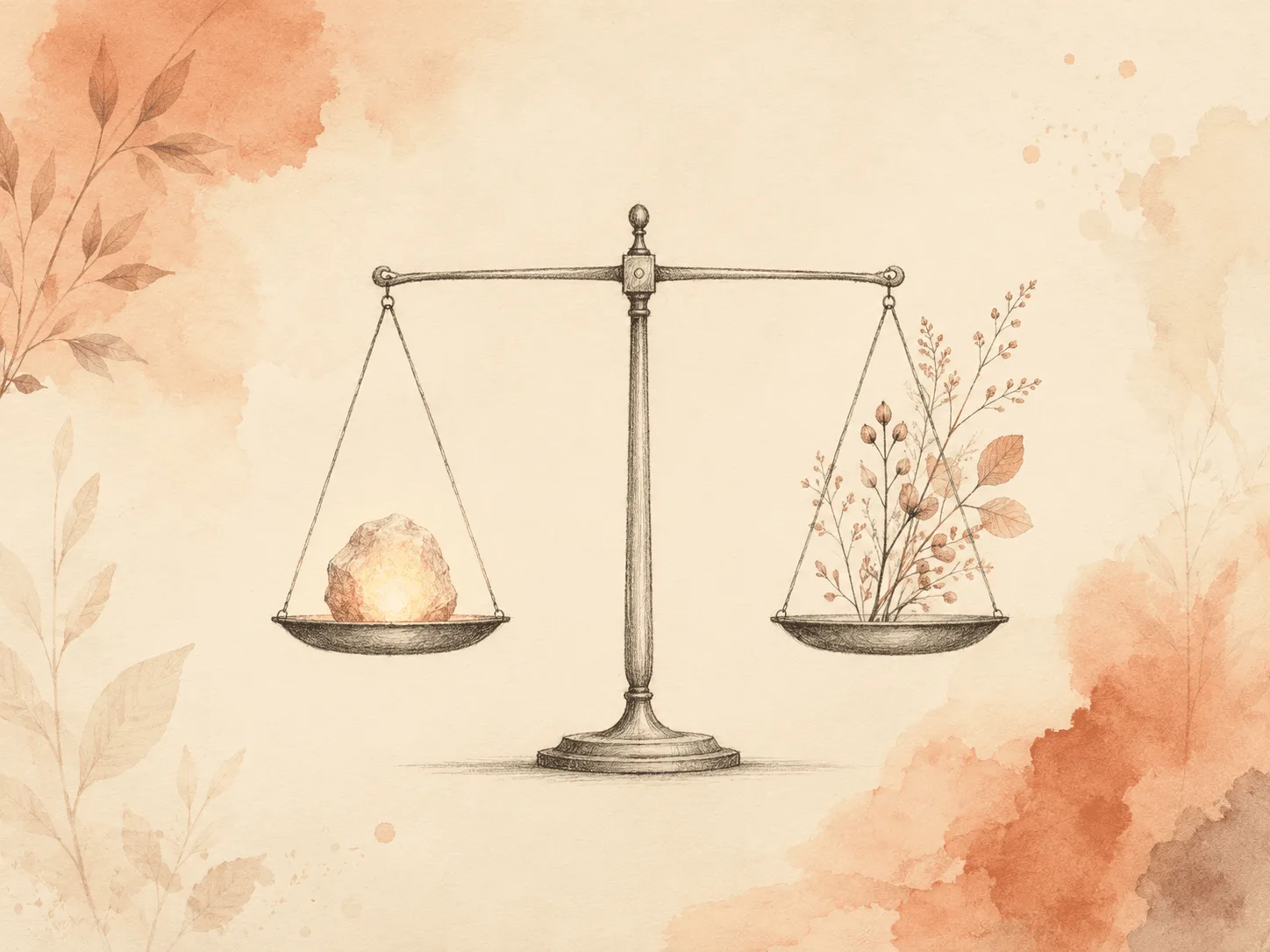 Watercolor illustration of a simple balance scale, one pan holding a small glowing textured stone and the other holding a sprig of dried botanicals, representing replacing a regulating behavior rather than removing it