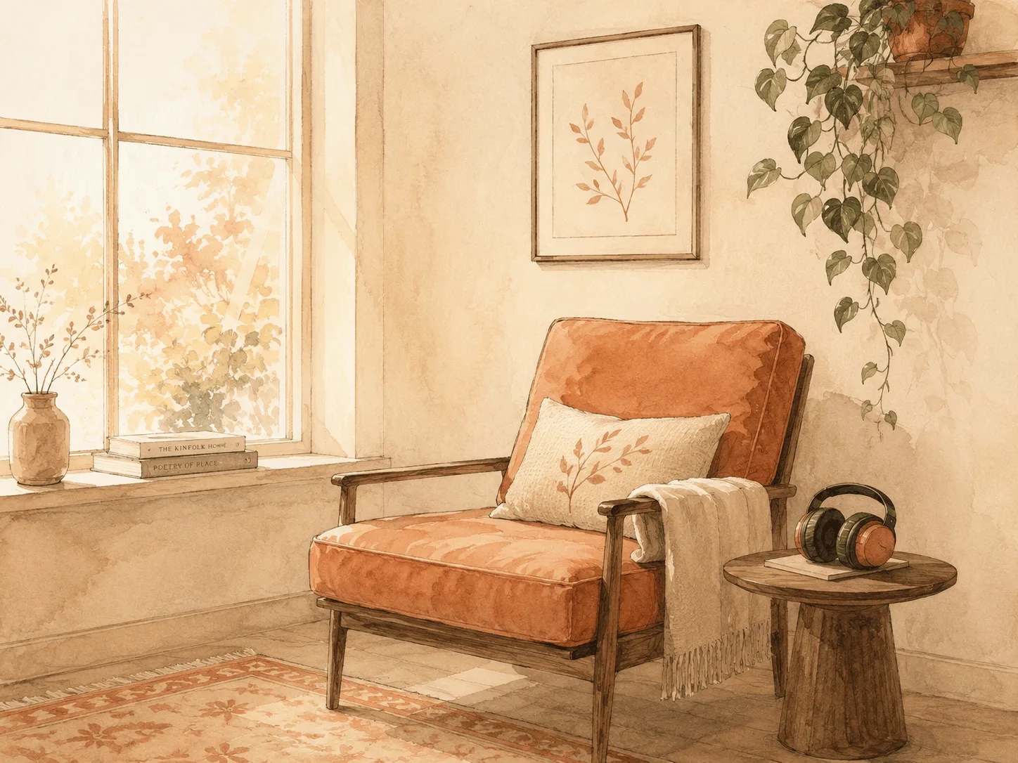 Watercolor illustration of a calm interior corner with warm low light, a soft chair, a trailing plant and ear defenders resting on a side table, representing reducing daily sensory load rather than resisting urges
