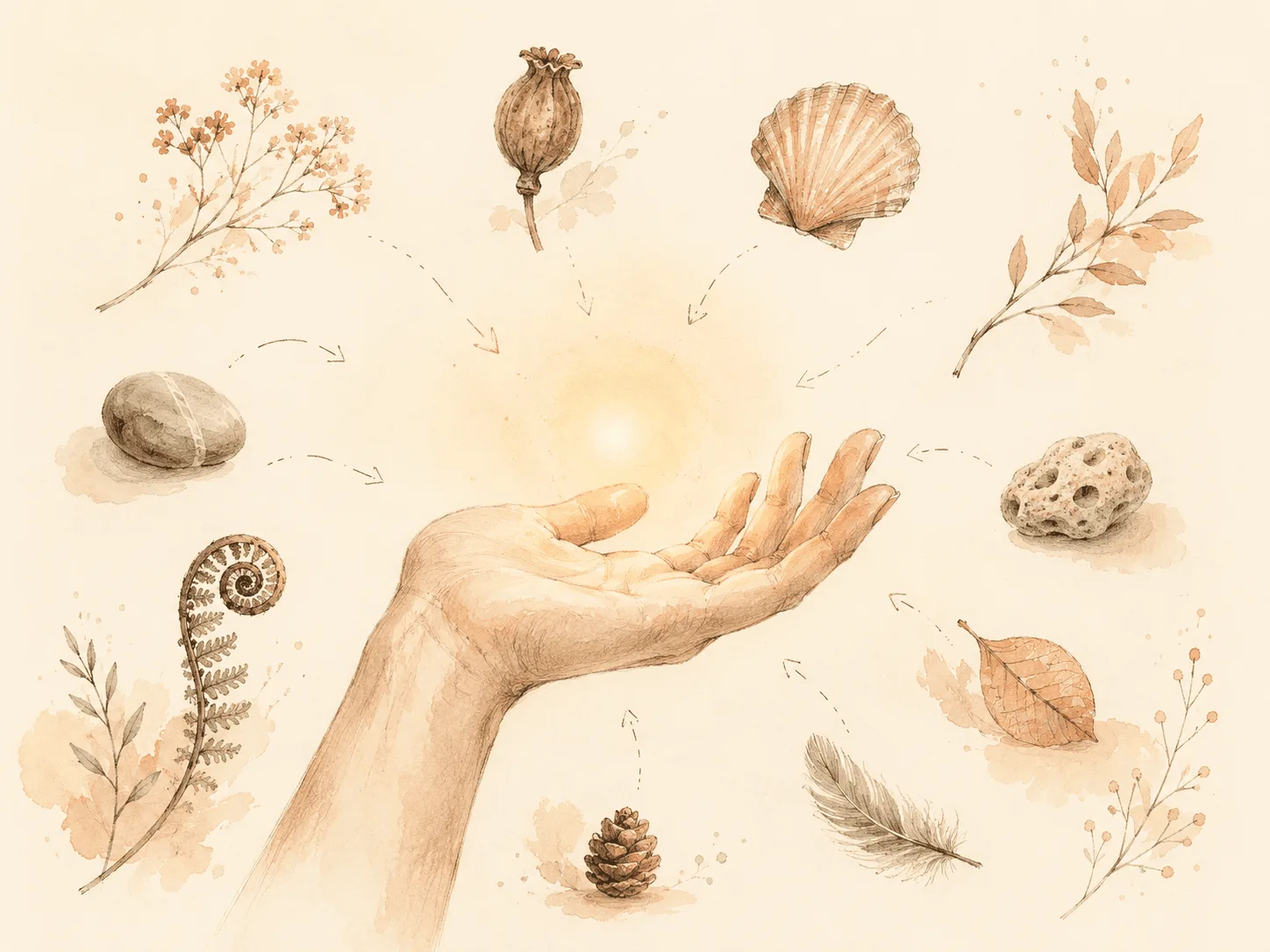Watercolor illustration of an open palm held upward with a soft glow at the fingertips, ringed by small textured natural objects including a ridged shell, a seed pod and a curled fern, representing sensory regulation seeking texture