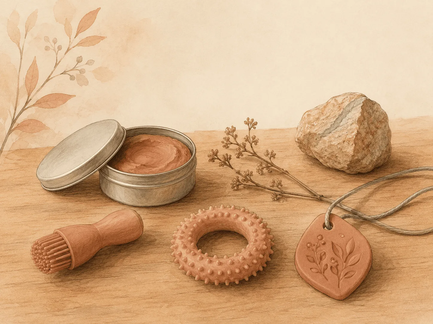 A small still life of a matched fidget kit: a tin of firm putty, a bristle brush, a spiky ring, a silicone chew pendant and a textured stone, laid out on a warm surface.