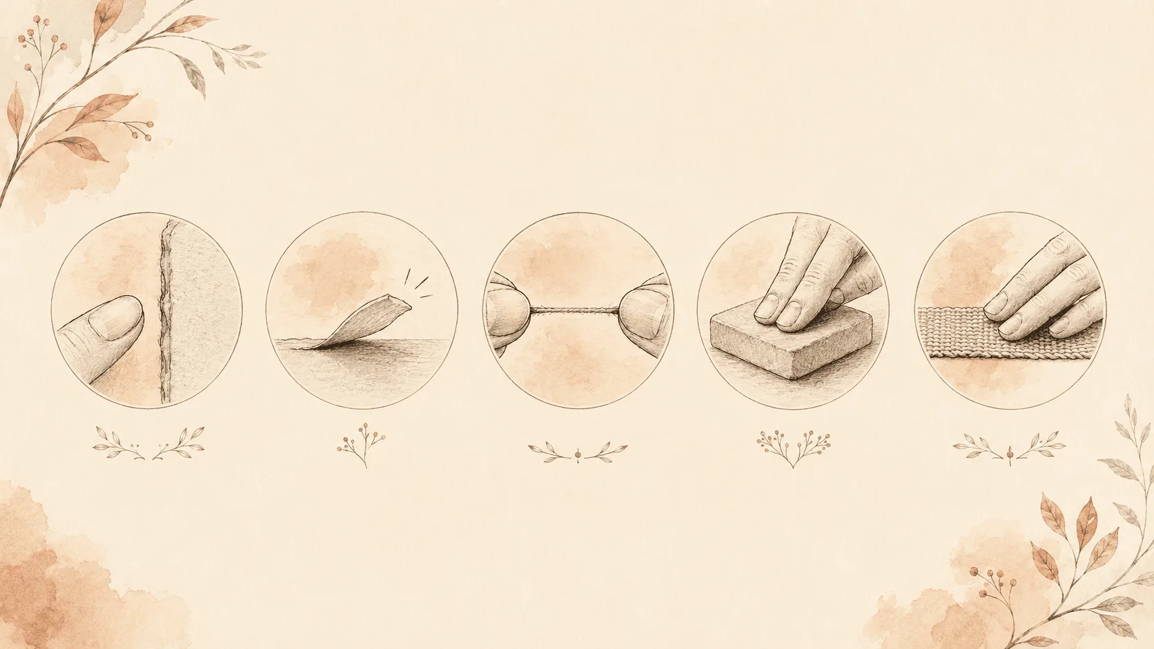 Five small hand-drawn motifs in a row representing the sensory signatures behind body-focused repetitive behaviors: a catchable edge, something detaching, a fiber under tension, downward pressure, and a hand scanning a textured surface.