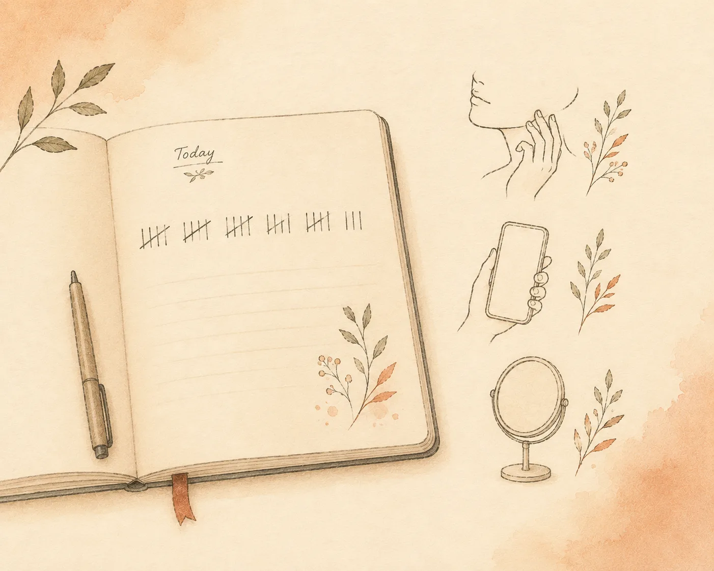 A small notebook page with a row of tally marks beside simple line drawings of a hand touching a jawline, a phone screen, and a mirror, representing counting every appearance check in a day