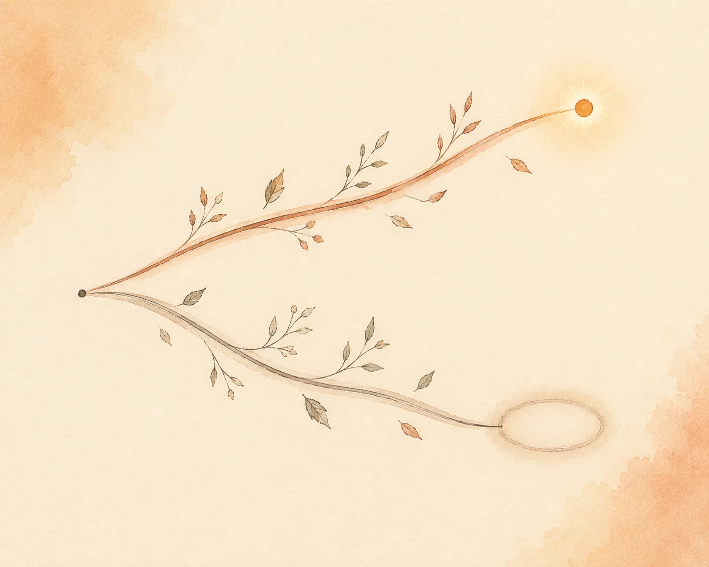 Two watercolor paths diverging from one point, one leading to a single small glowing mark and the other to a softly blurred outline of a whole face, illustrating the difference between attention on one spot and attention on a whole feature