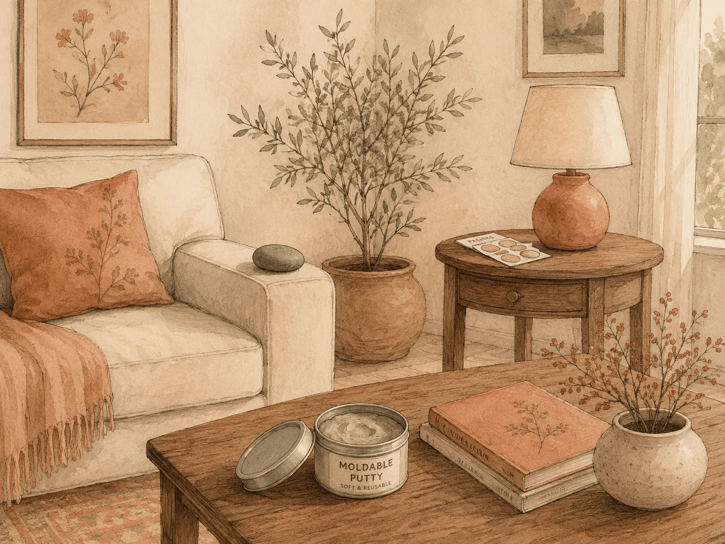 A textured stone on a sofa arm, a tin of putty on a coffee table and a small box of patches on a side table, showing substitute objects parked in the rooms where passive activities happen.