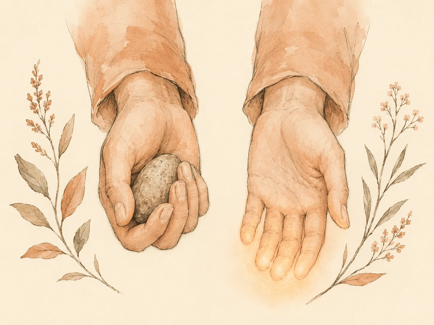 Two hands side by side, one closed around a textured object and one resting open and idle with a faint glow at the fingertips, illustrating the gap between the attention an activity demands and the attention a person has spare.