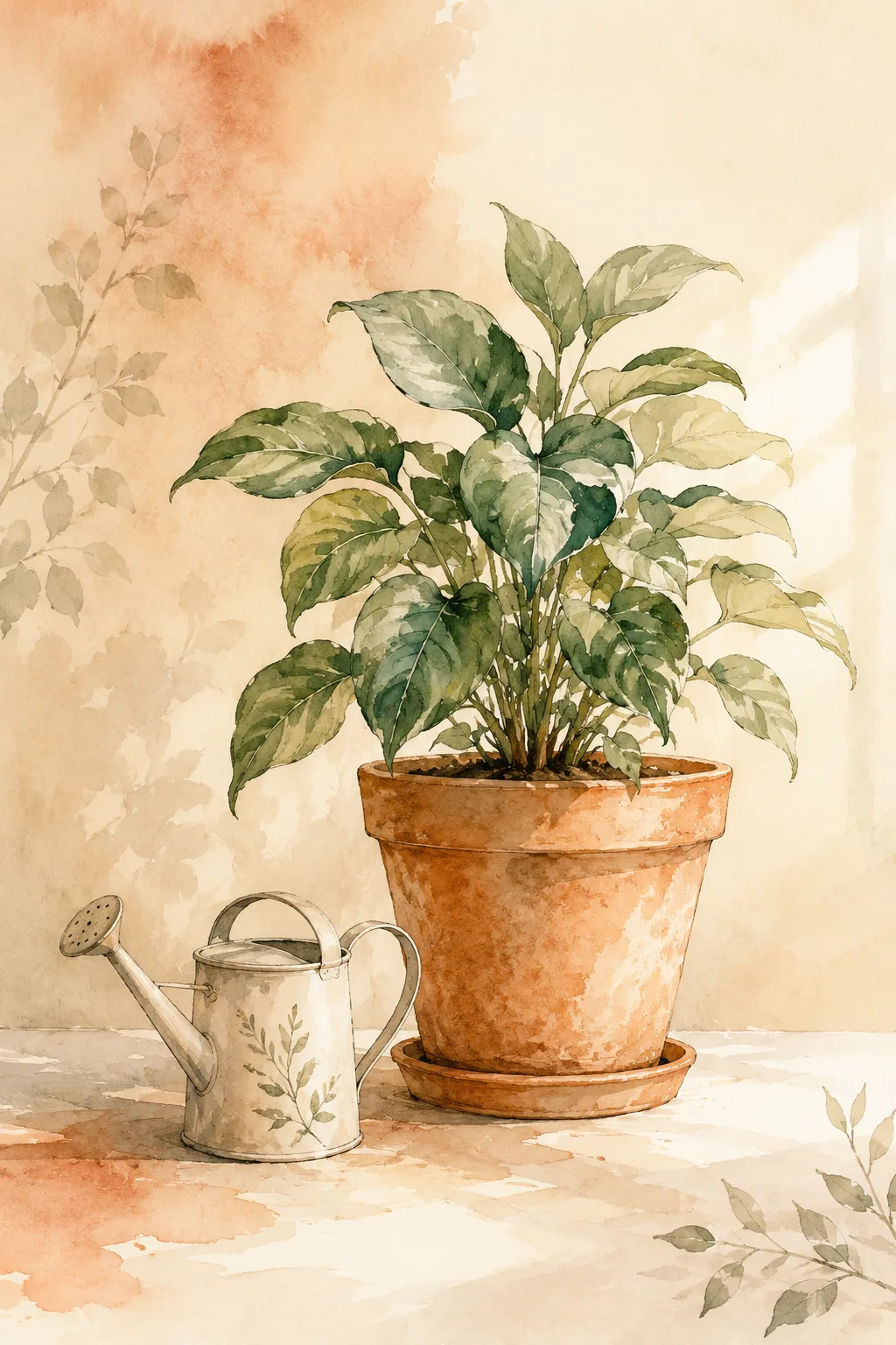 A small watering can beside an established potted plant in morning light, representing the light ongoing upkeep that sustains remission