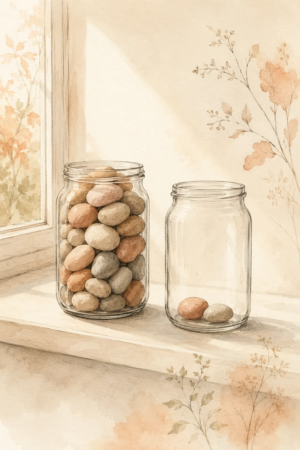 Two glass jars on a windowsill, one crowded with small stones and one holding just two, illustrating that remission means near-zero rather than zero picking