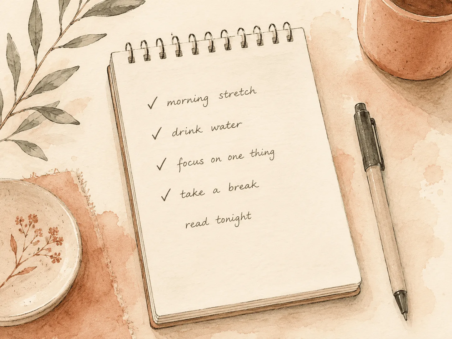 A hand-drawn notepad card listing five short screening questions with small checkmarks beside them, representing the questions to ask a therapist before booking a first appointment