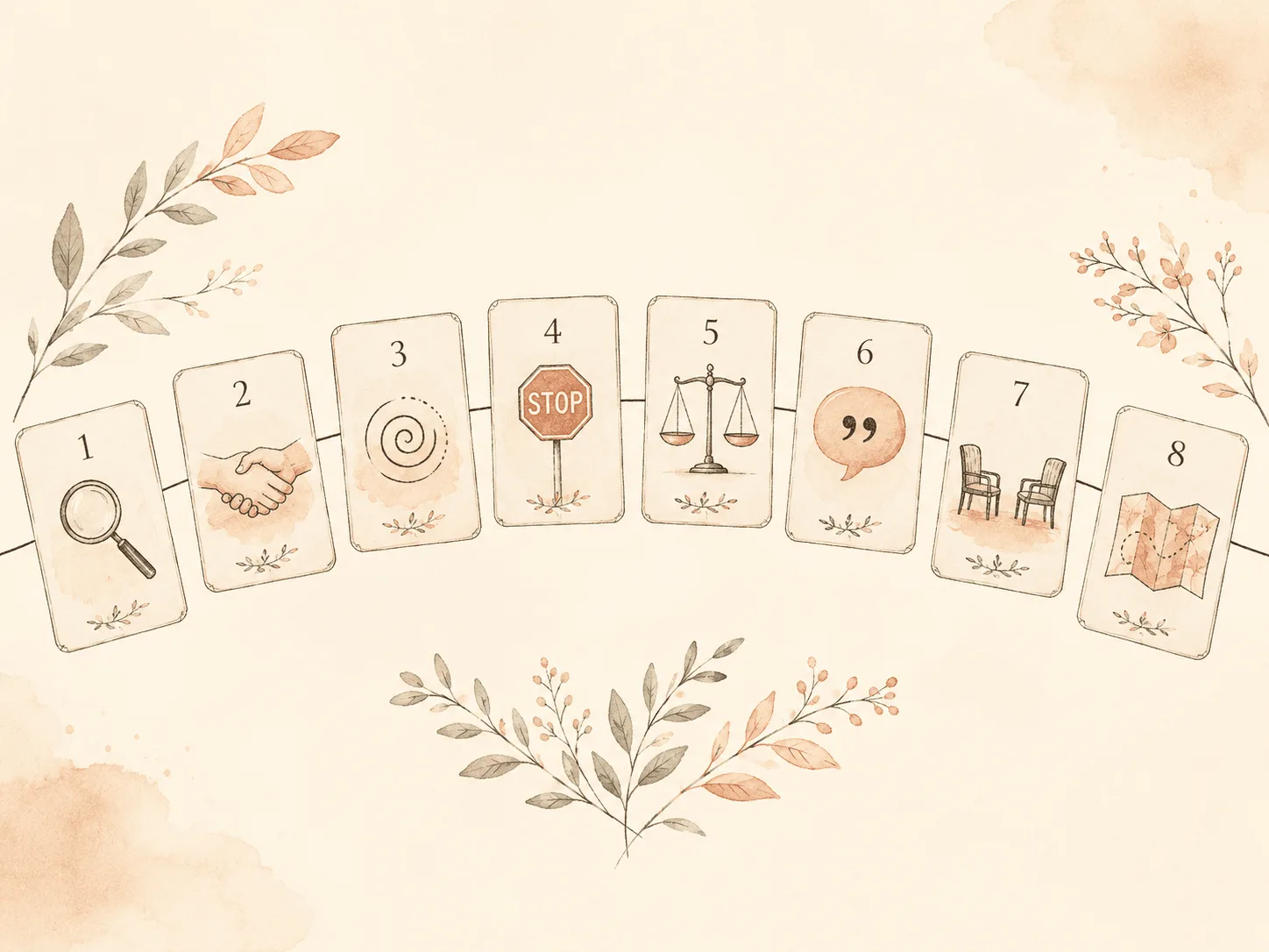 An eight-step arc of small numbered cards laid left to right, each marked with a simple symbol, representing the eight sessions of a cognitive behavioral therapy protocol for skin picking