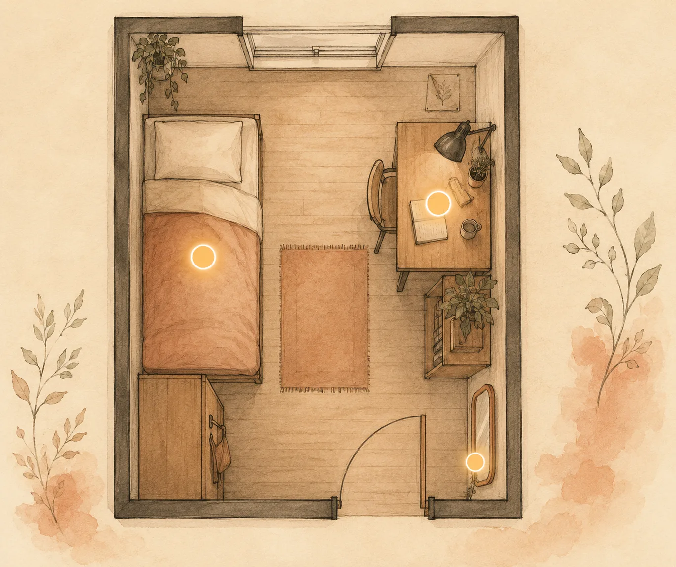 An overhead view of a small dorm room with soft glowing markers at the desk, the bed and the mirror by the door, showing the three places where picking actually happens.