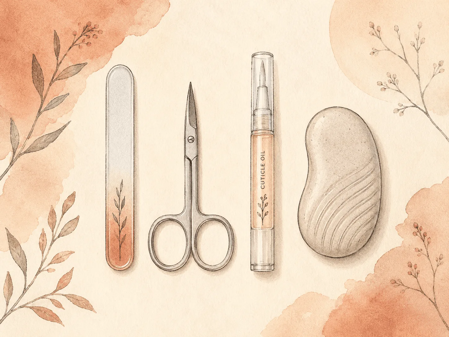 Four small objects arranged on a calm surface: a glass nail file, small nail scissors, a cuticle oil pen and a ridged fidget object, representing a kit kept wherever picking happens.