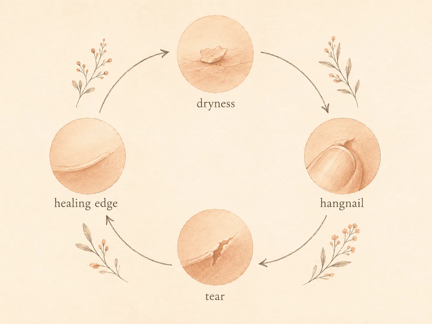 A four-point circular diagram labeled dryness, hangnail, tear, and healing edge, with an arrow returning from the healing edge back to the start.