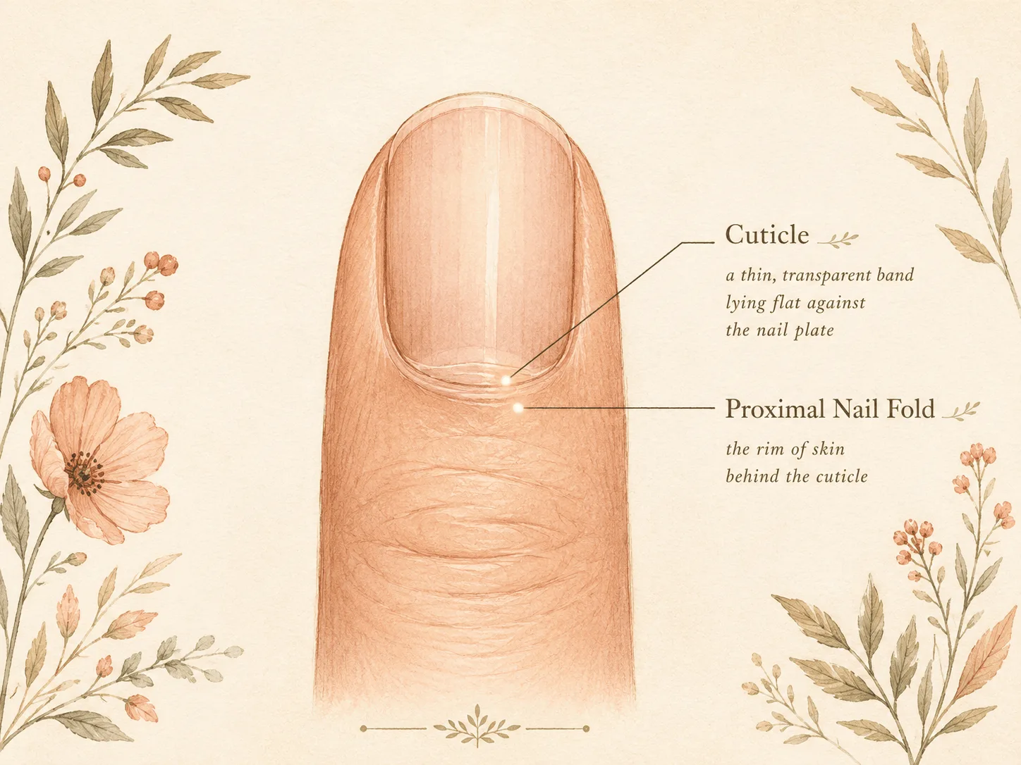 A single finger drawn from above with two structures labeled separately: the thin transparent cuticle sealed flat against the nail plate, and the living proximal nail fold behind it.