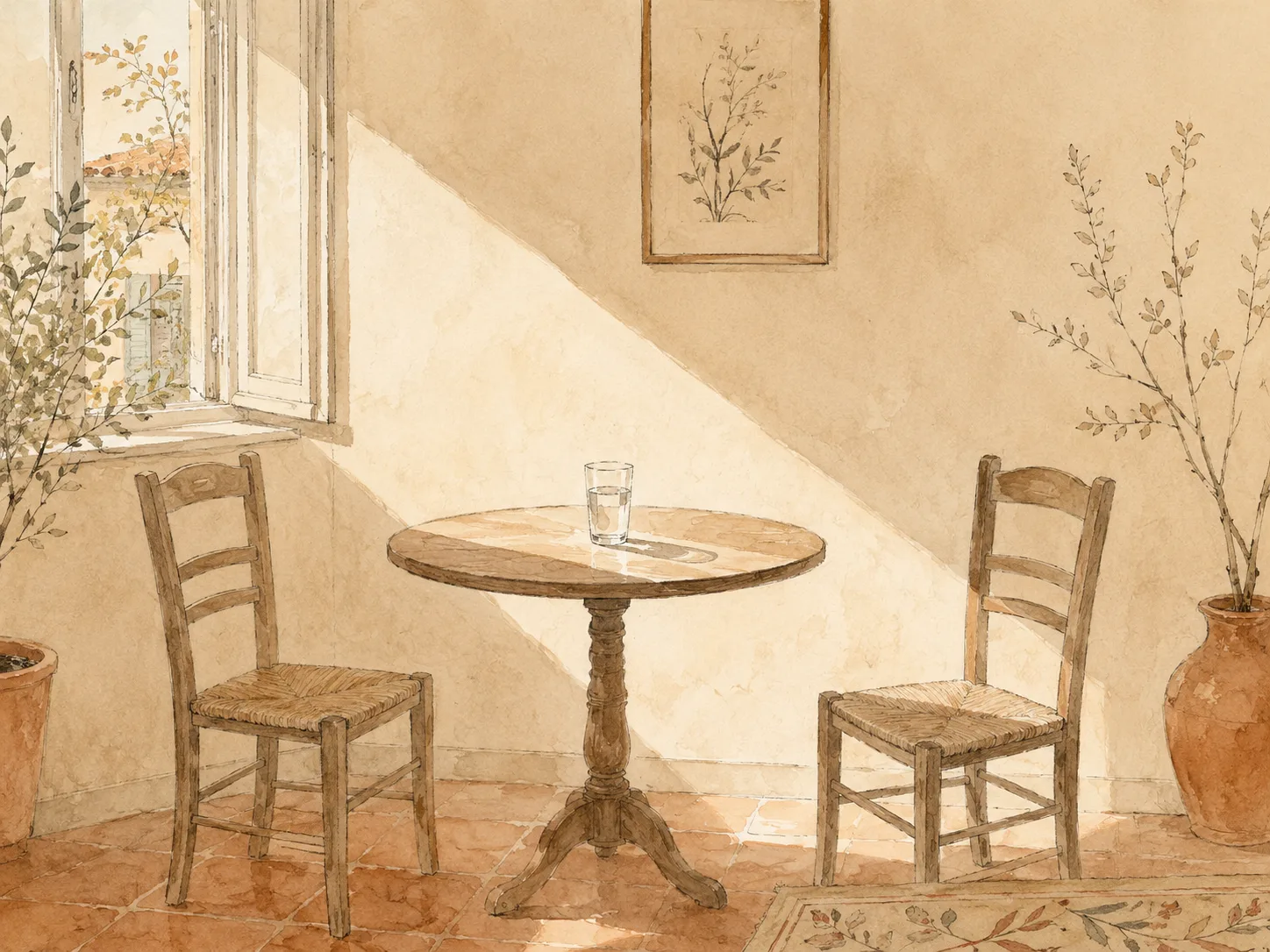 Sunlight falling across a small table between two chairs at a window, standing in for the first daytime date after weeks of evening ones
