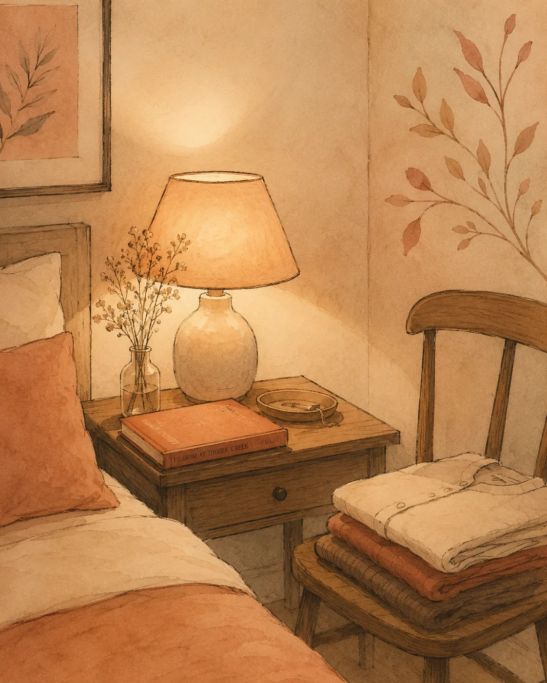 A bedside lamp turned low beside folded clothes on a chair, representing the first time a new partner sees skin picking damage up close