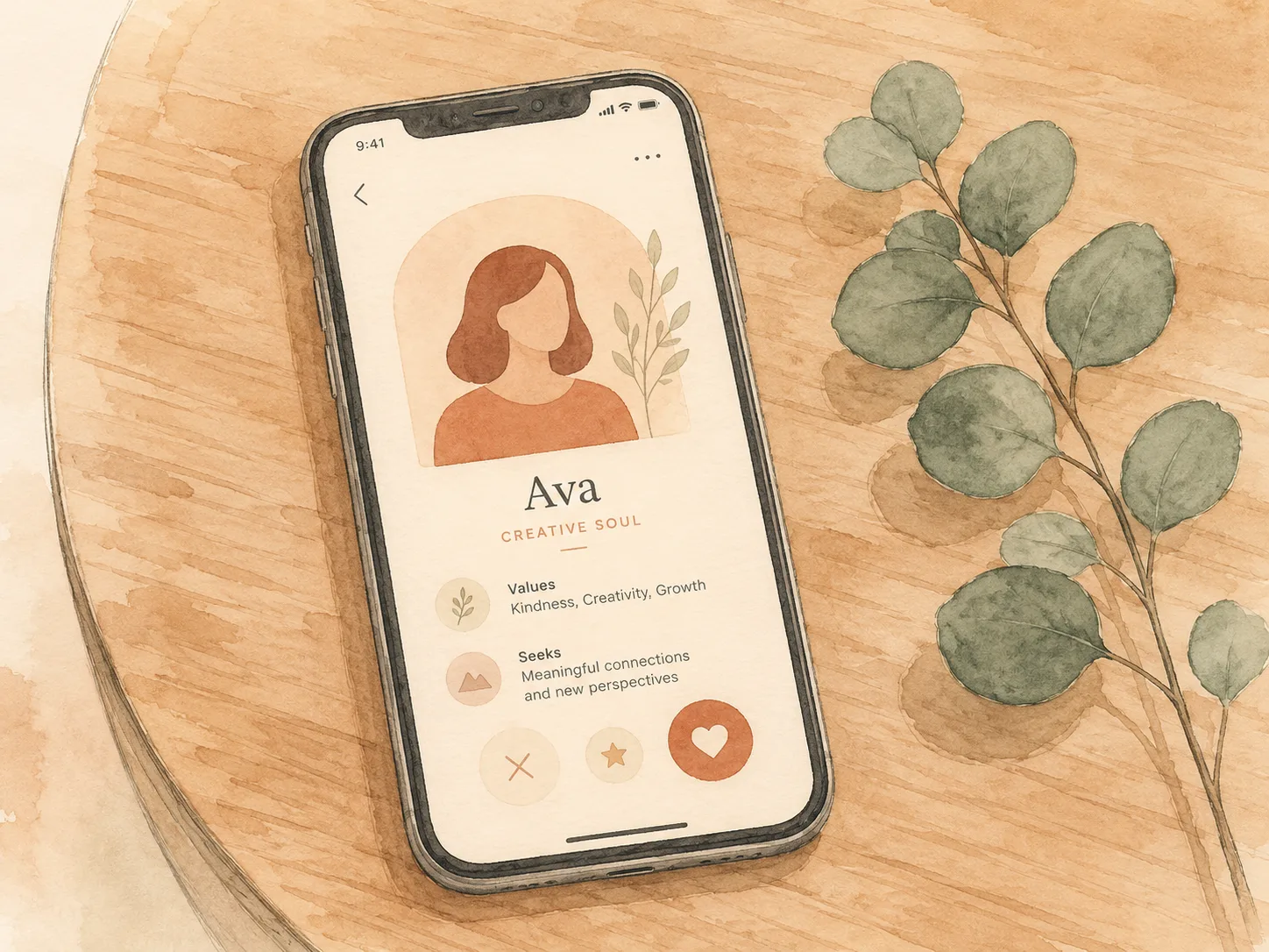 A phone lying face up on a table showing an abstract dating profile card, representing the choice of which photos to use when you pick your skin