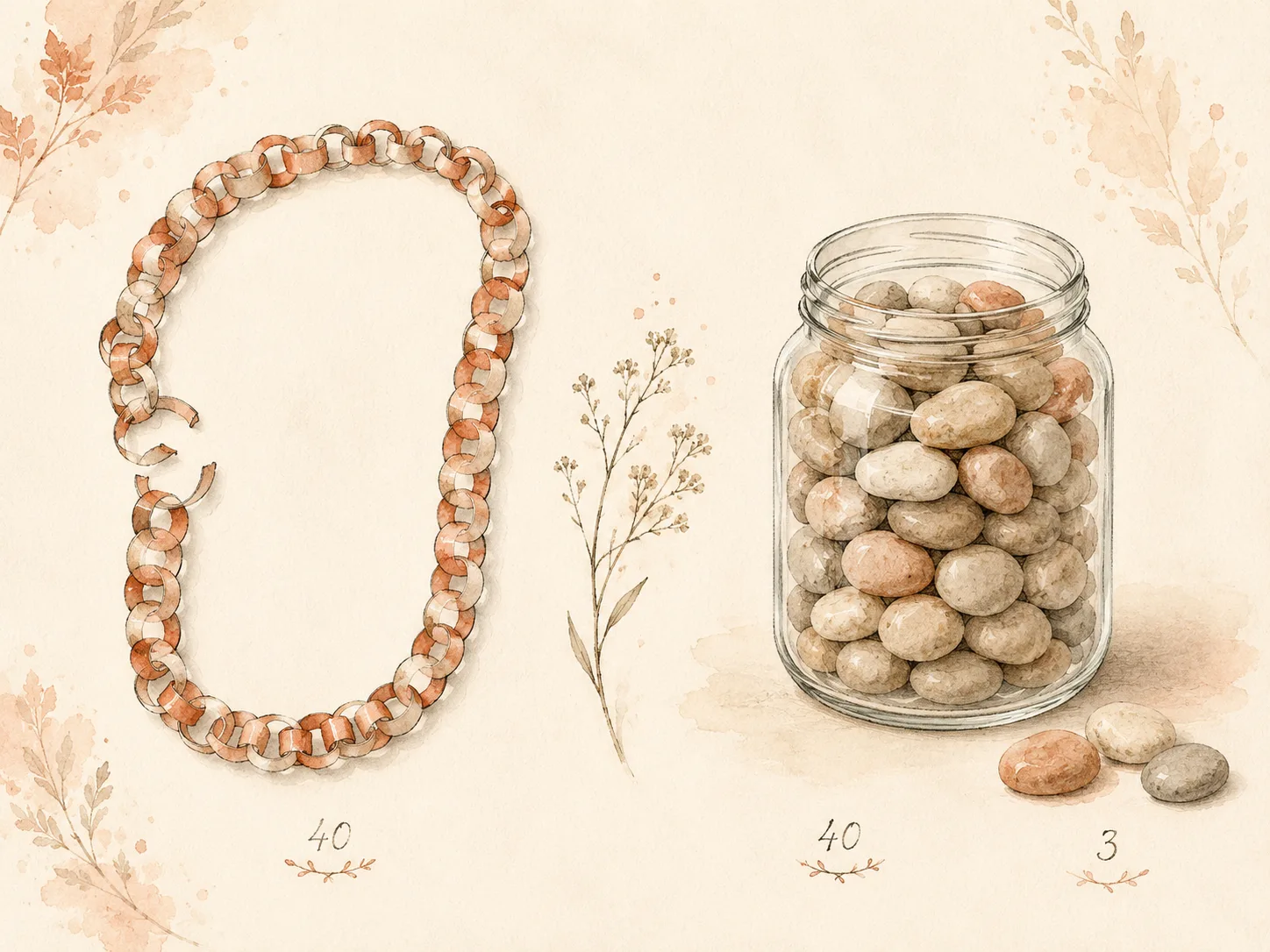 Two ways of counting the same forty days: a paper chain broken at a single link on the left, and a glass jar holding forty pebbles with three set to one side on the right.
