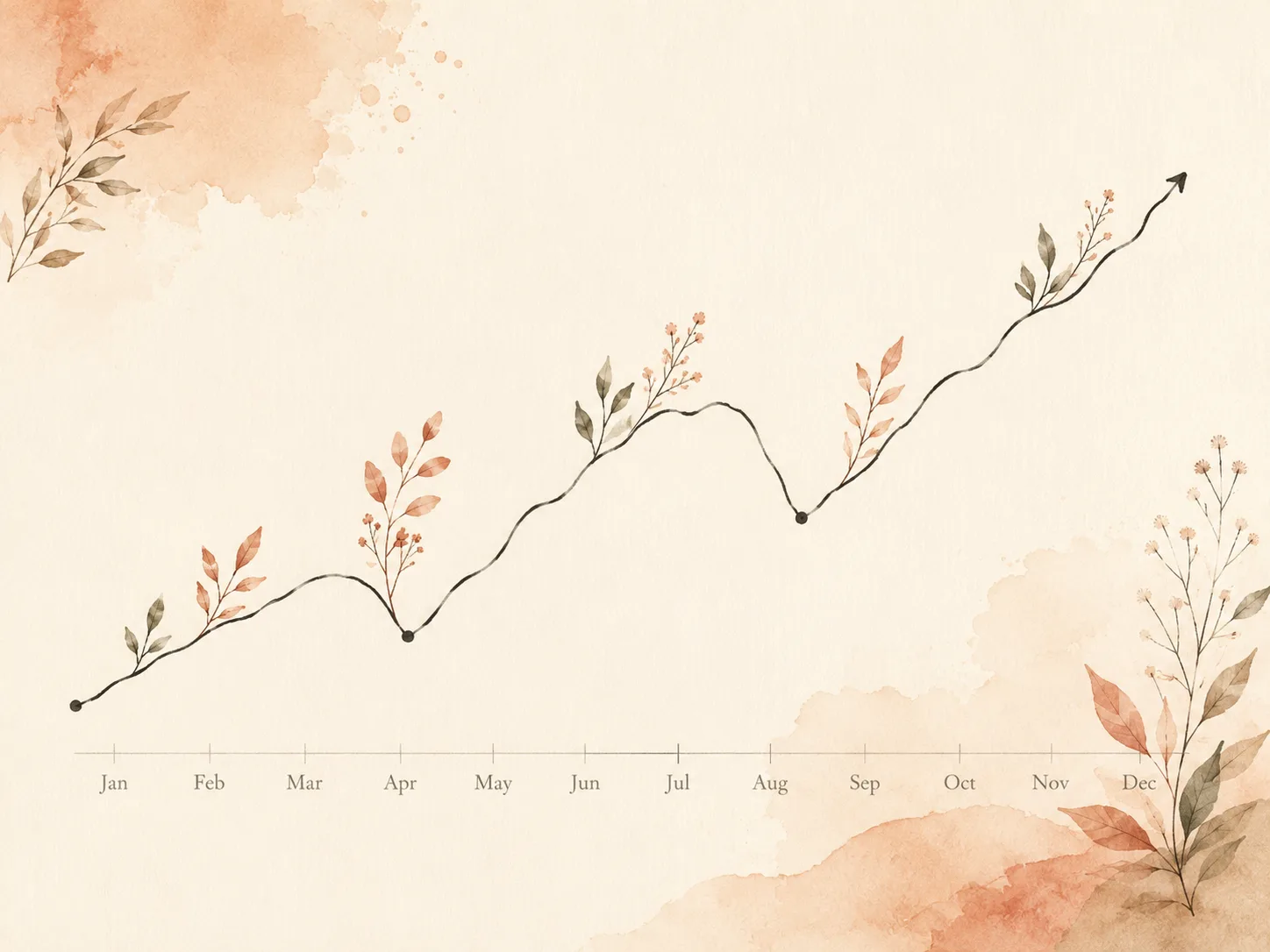 A soft watercolor line rising across a year, dipping sharply twice along the way and continuing higher afterwards, showing that a rising long-term average is made of good and bad stretches together.