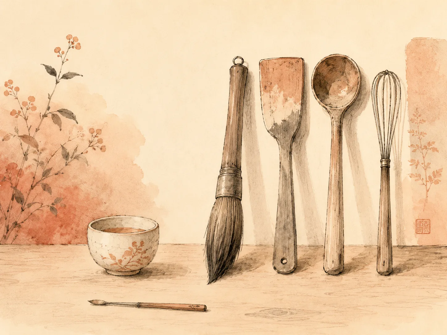 A small watercolor vessel holding only a shallow amount of liquid, sitting beside a row of tools that are visibly too large for it, illustrating how habit reversal training's daily demands outsize the effort available during depression.