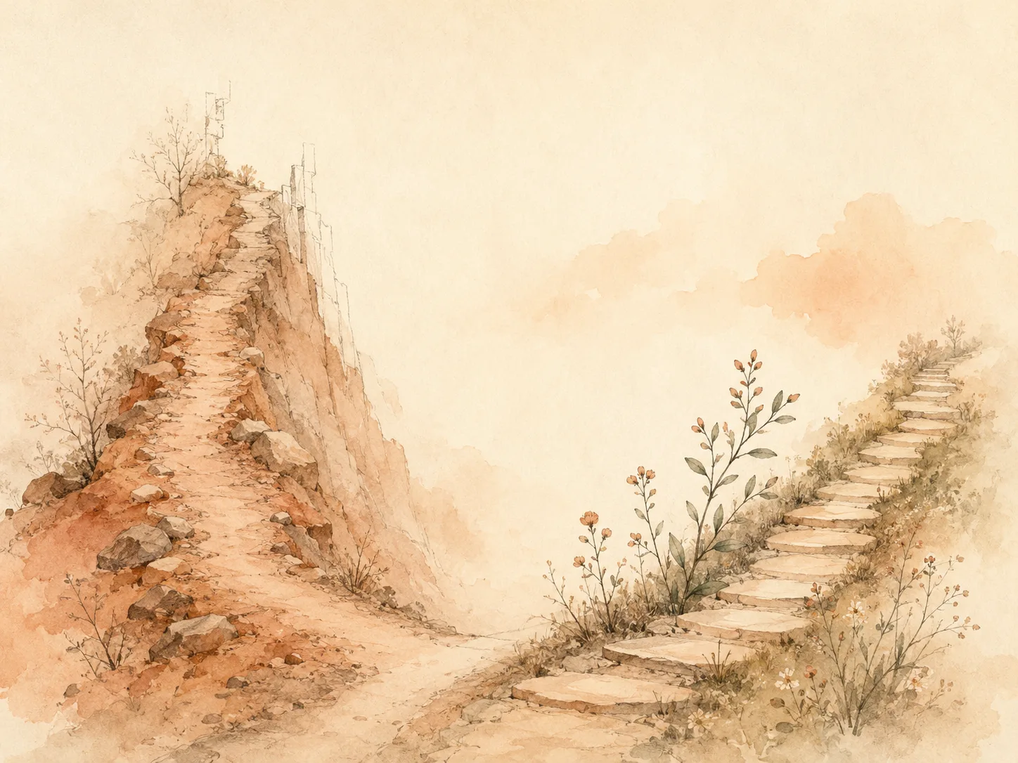 Two watercolor paths diverging from one point, the lower one climbing gently in small steps while the steeper one waits, representing the choice to treat depression before scaling up picking recovery work.