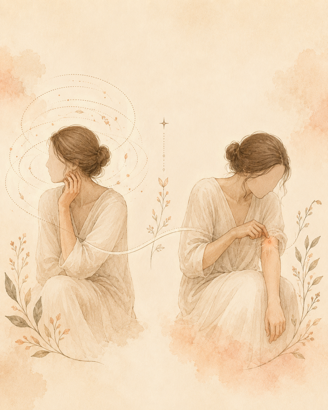 A side-by-side illustration showing two modes of picking. On one side, a calm figure with a soft spiral of dotted lines suggesting unaware automatic picking. On the other, the same figure leaning in with a focused glow on a single spot.