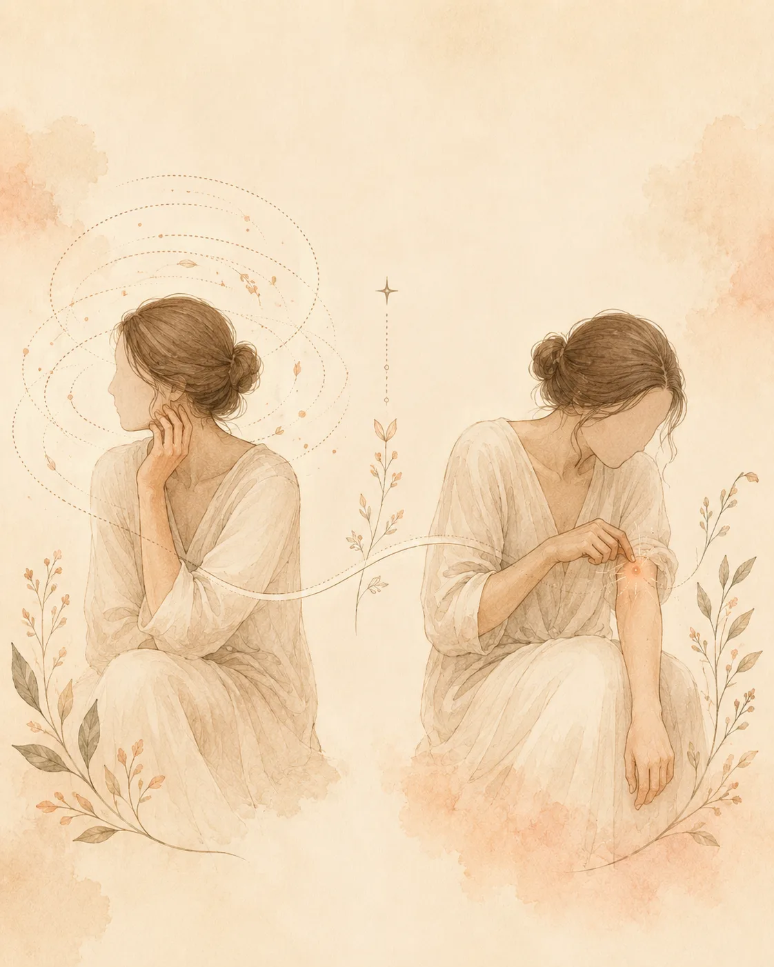 A side-by-side illustration showing two modes of picking. On one side, a calm figure with a soft spiral of dotted lines suggesting unaware automatic picking. On the other, the same figure leaning in with a focused glow on a single spot.