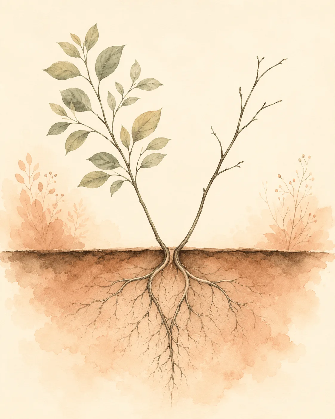 A single root system dividing into two distinct stems, illustrating how skin picking and hair pulling grow from one shared mechanism into two different behaviors