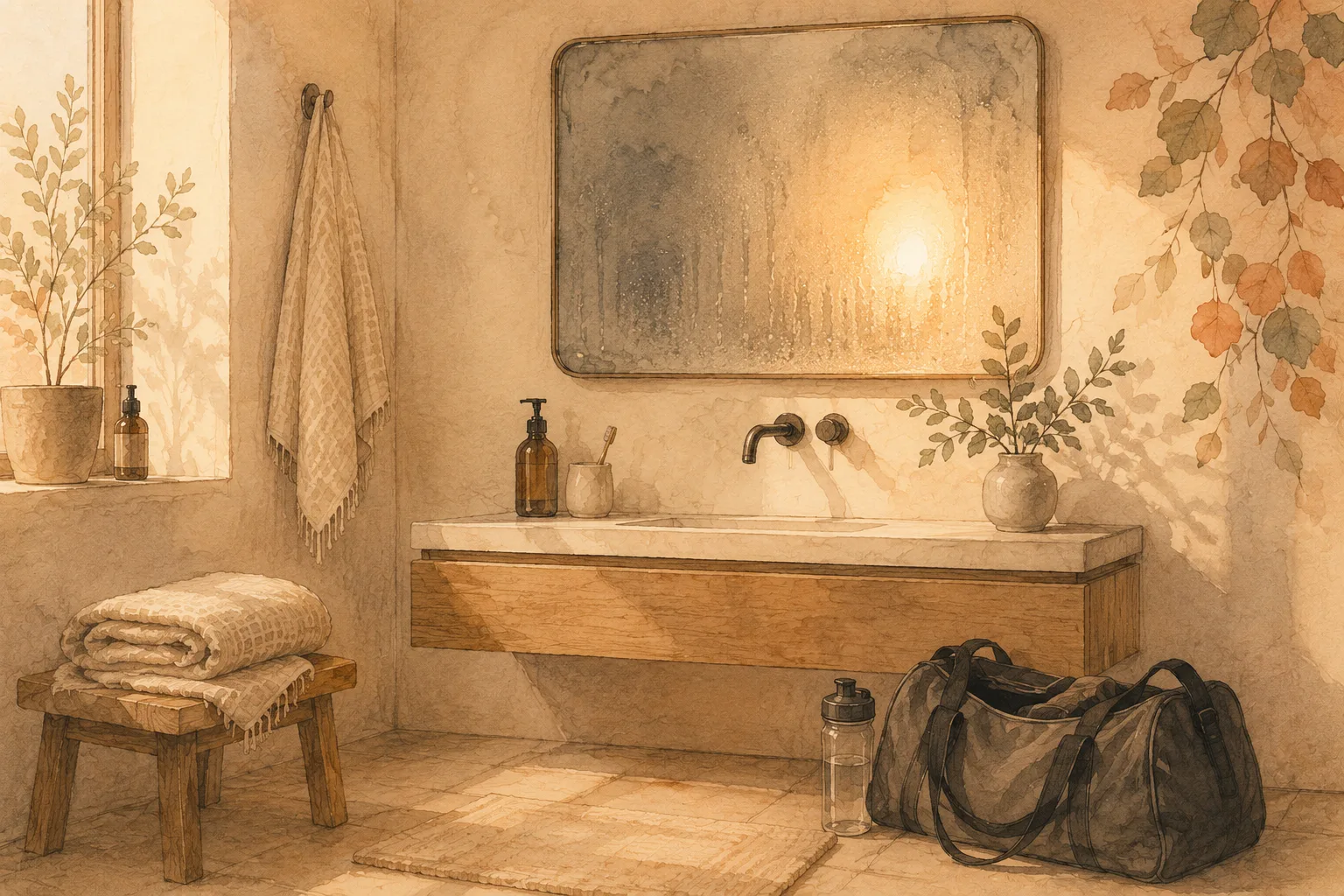 A steamy bathroom mirror beside a folded towel and a gym bag, showing that the risky moment comes after training rather than during it