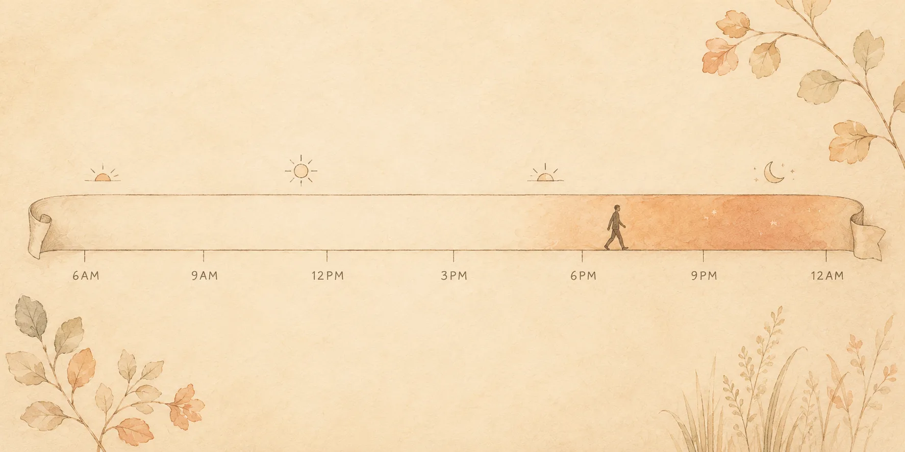 A day laid out as a timeline with the evening hours marked as the high-risk window and a short walk placed inside it, illustrating that timing matters more than duration