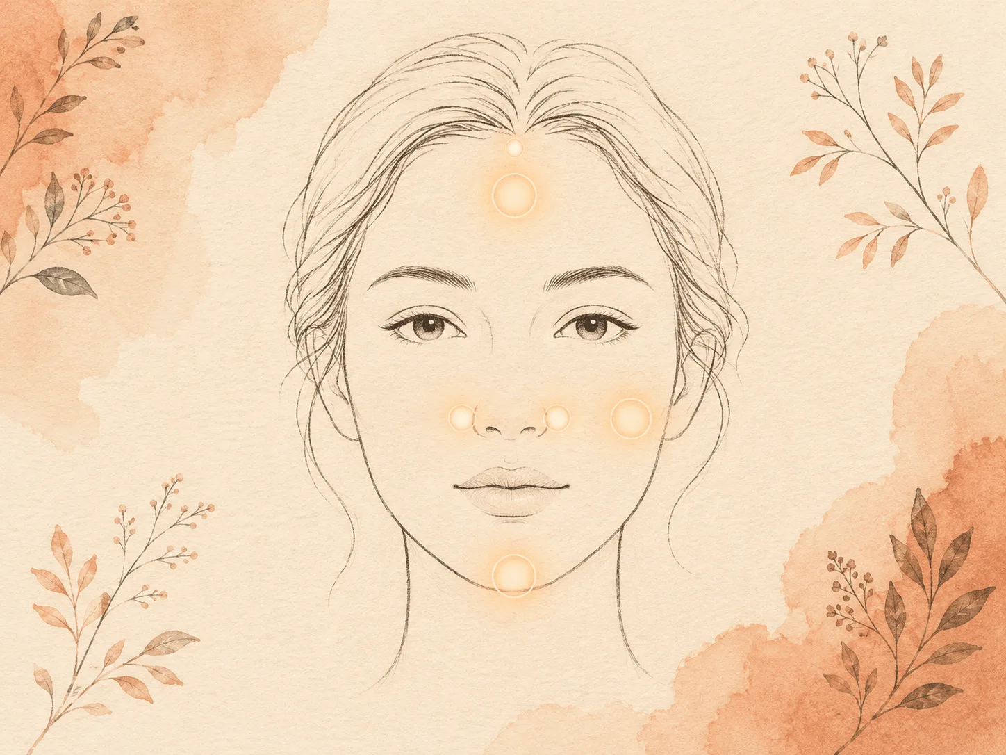 A line-drawn face with four high-risk picking zones marked by soft glowing accents: the sides of the nose, the jawline and chin, the forehead and hairline, and a hand resting against the cheek.