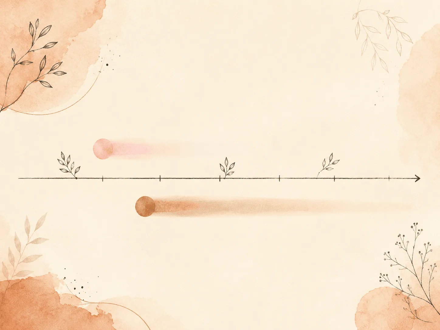 Two soft marks side by side on a calm horizontal timeline, one pink and one warm brown, fading at different rates to show that post-inflammatory erythema clears faster than hyperpigmentation.