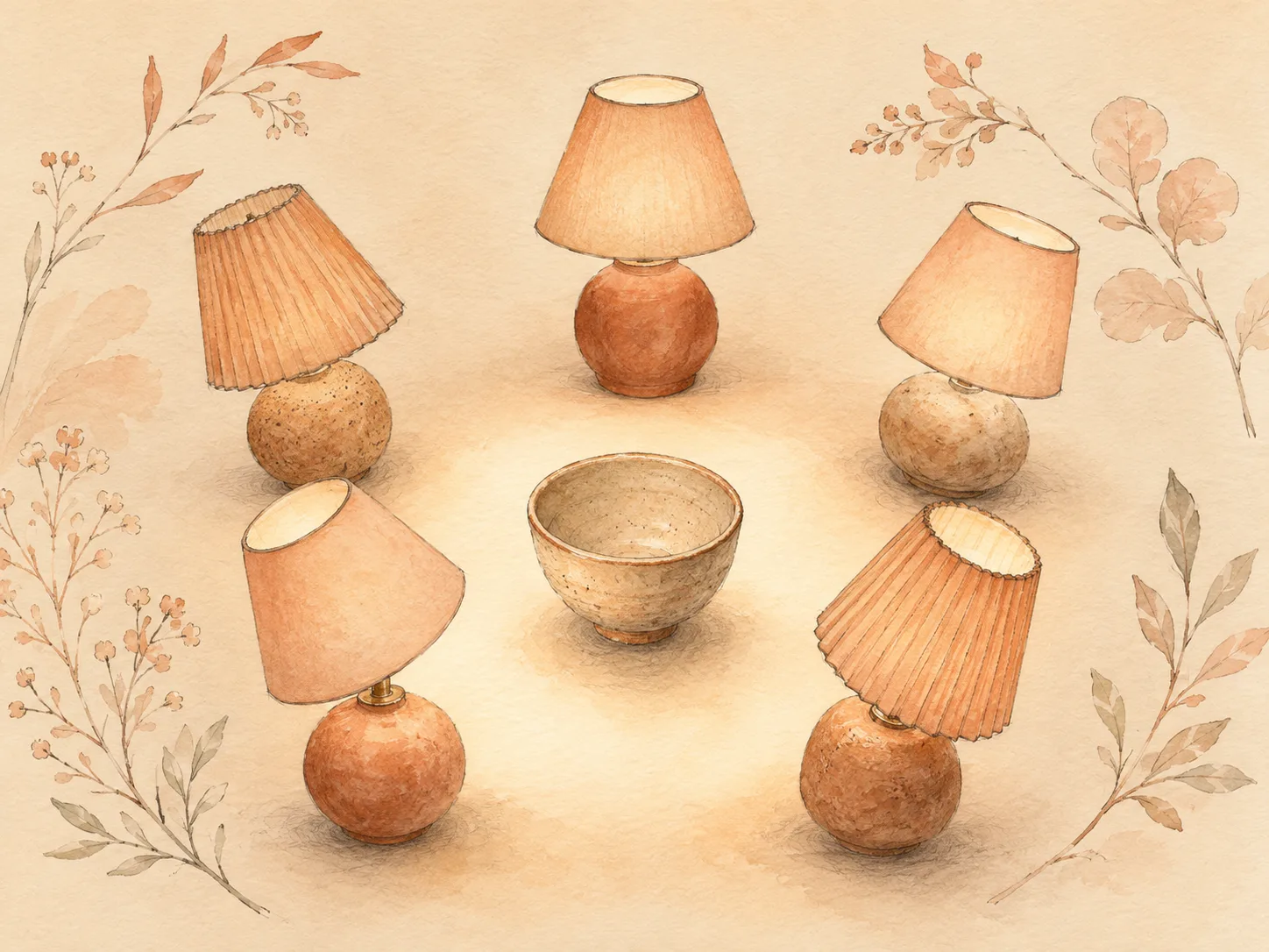 Several small warm lamps all angled toward one quiet object on a table, representing multiple family members watching one person