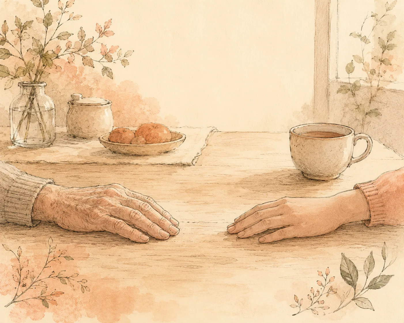 An older hand and a younger hand resting near each other on a kitchen table, not touching, representing an adult child offering help to a parent