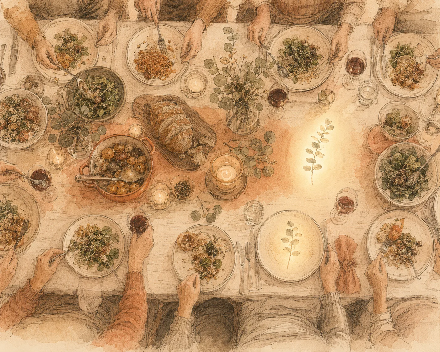 A long table laid for a family meal in warm light with one chair turned slightly away, representing a relative dreading comments at a gathering