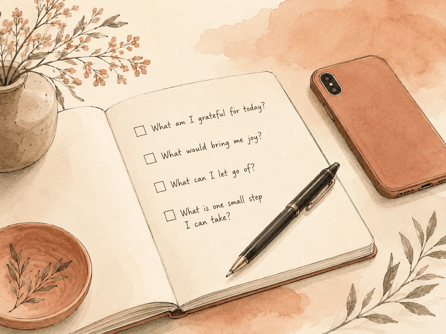 A notepad and pen beside a phone, holding a short list of scripted questions to ask a therapist before booking a first appointment