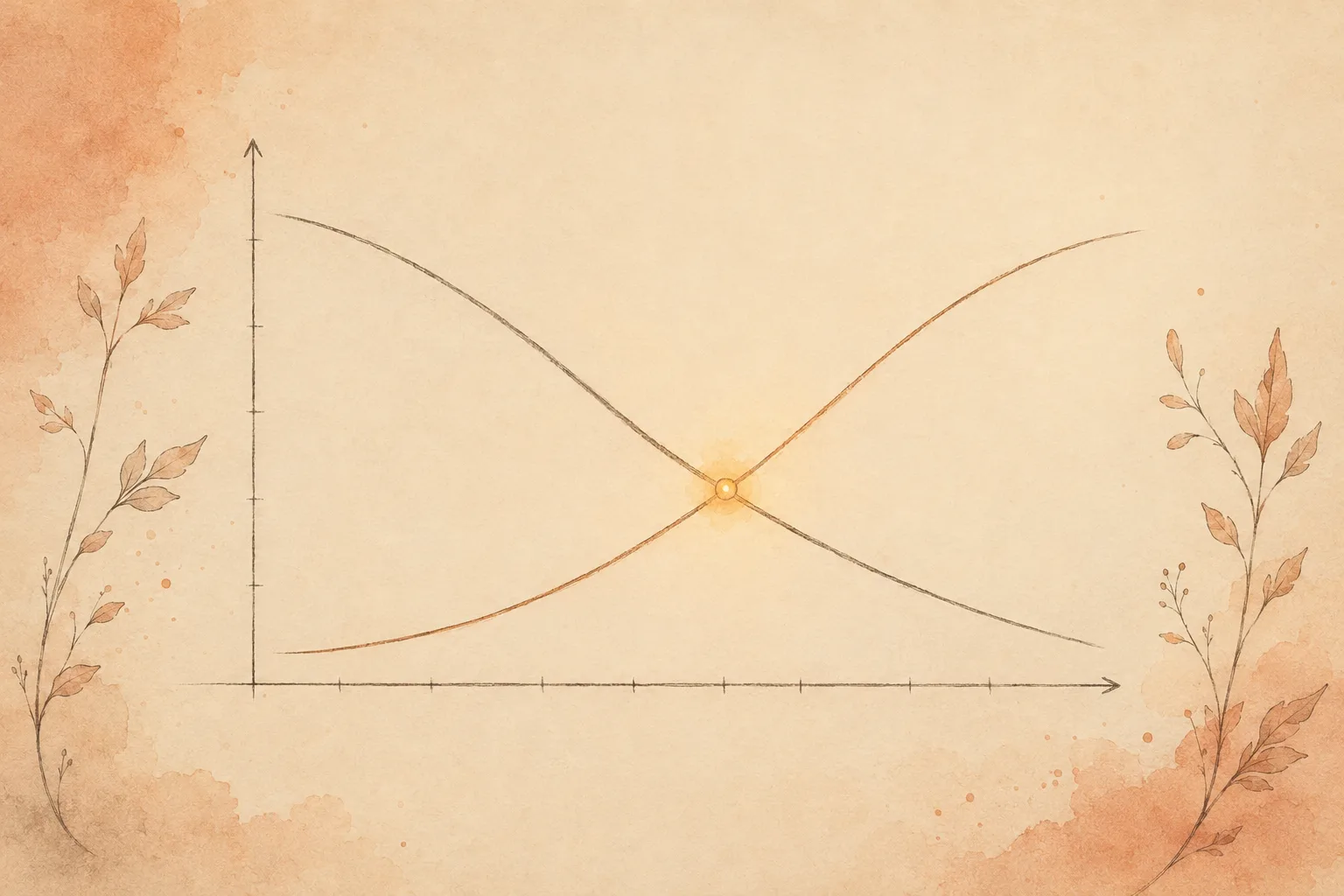 Two curves crossing on a simple hand-drawn chart, one falling as price drops and one rising, illustrating that affordable providers and BFRB-trained providers rarely overlap