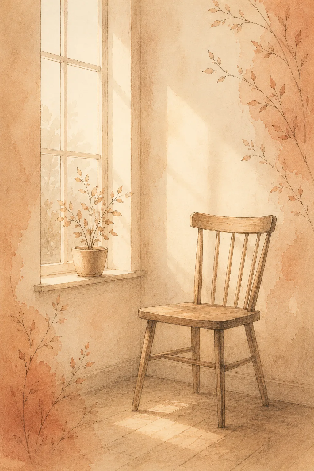 An empty chair beside a window with a small plant growing on the sill, representing the months-long wait for low-cost therapy and what can quietly progress during it
