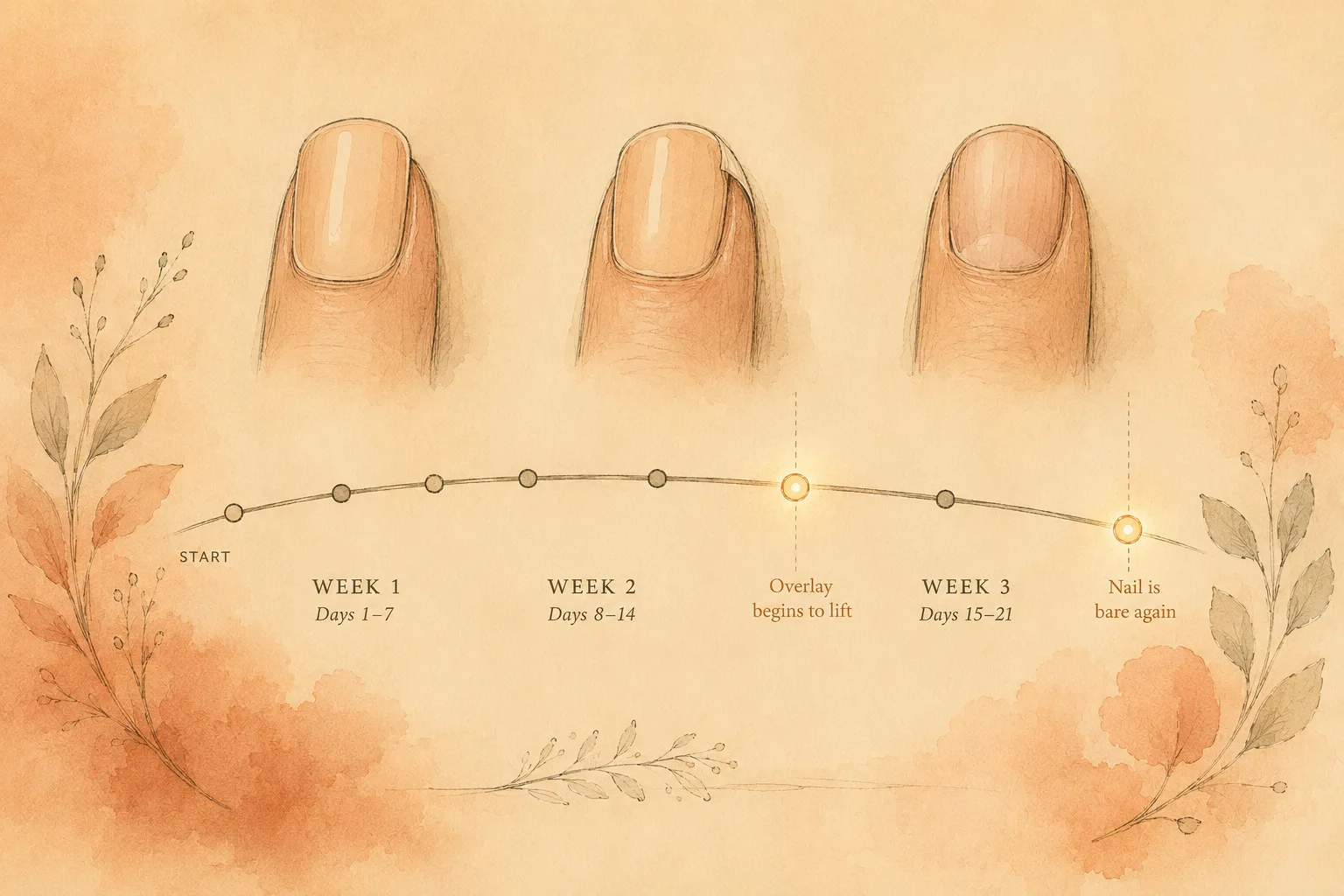 A three-week maintenance cycle shown as a simple timeline, with the lifting edge near the end and the bare-nail removal week marked as the vulnerable gap