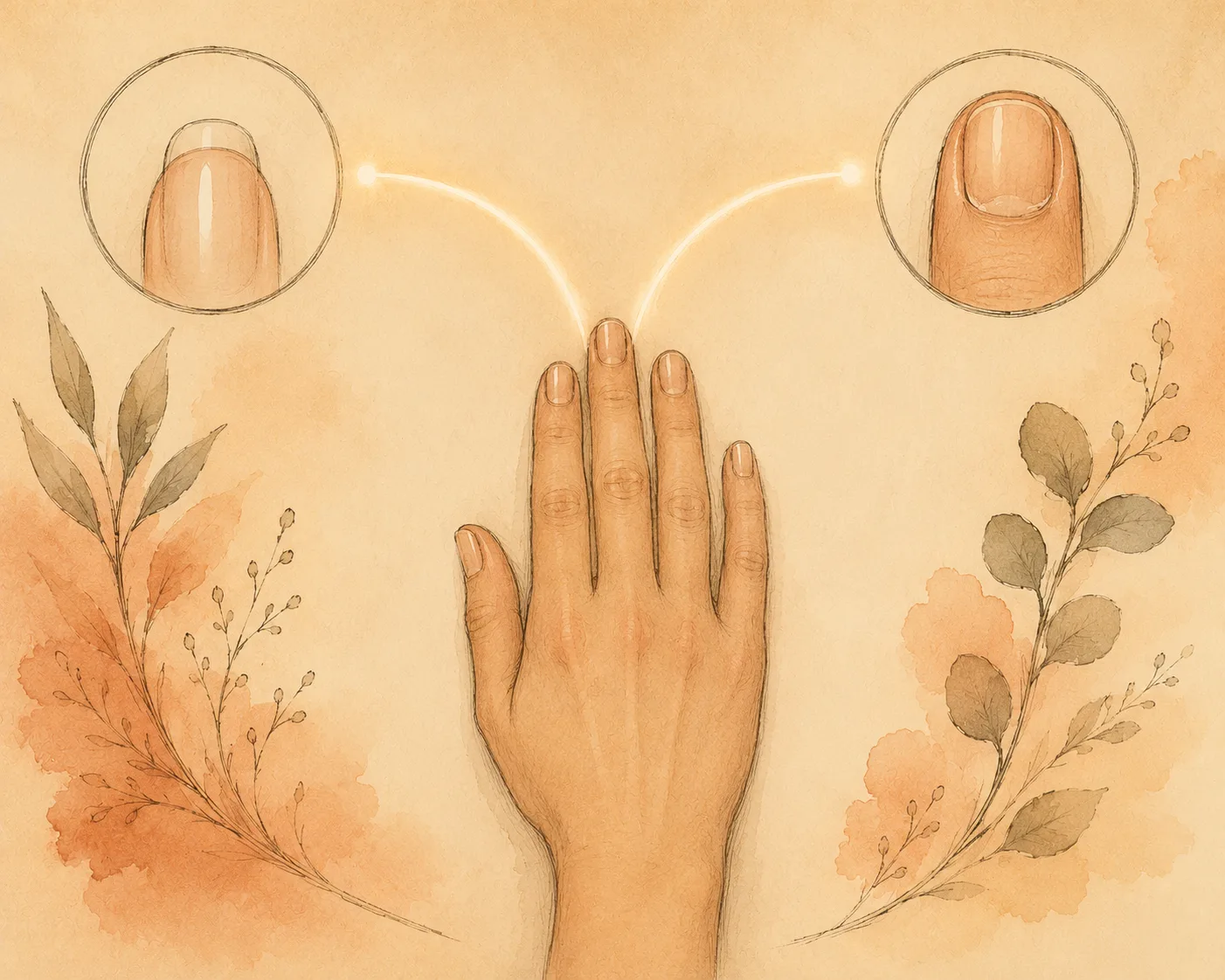 Two branches from one hand: the nail plate and free edge on one side, the skin and nail folds on the other, showing which target a gel overlay covers