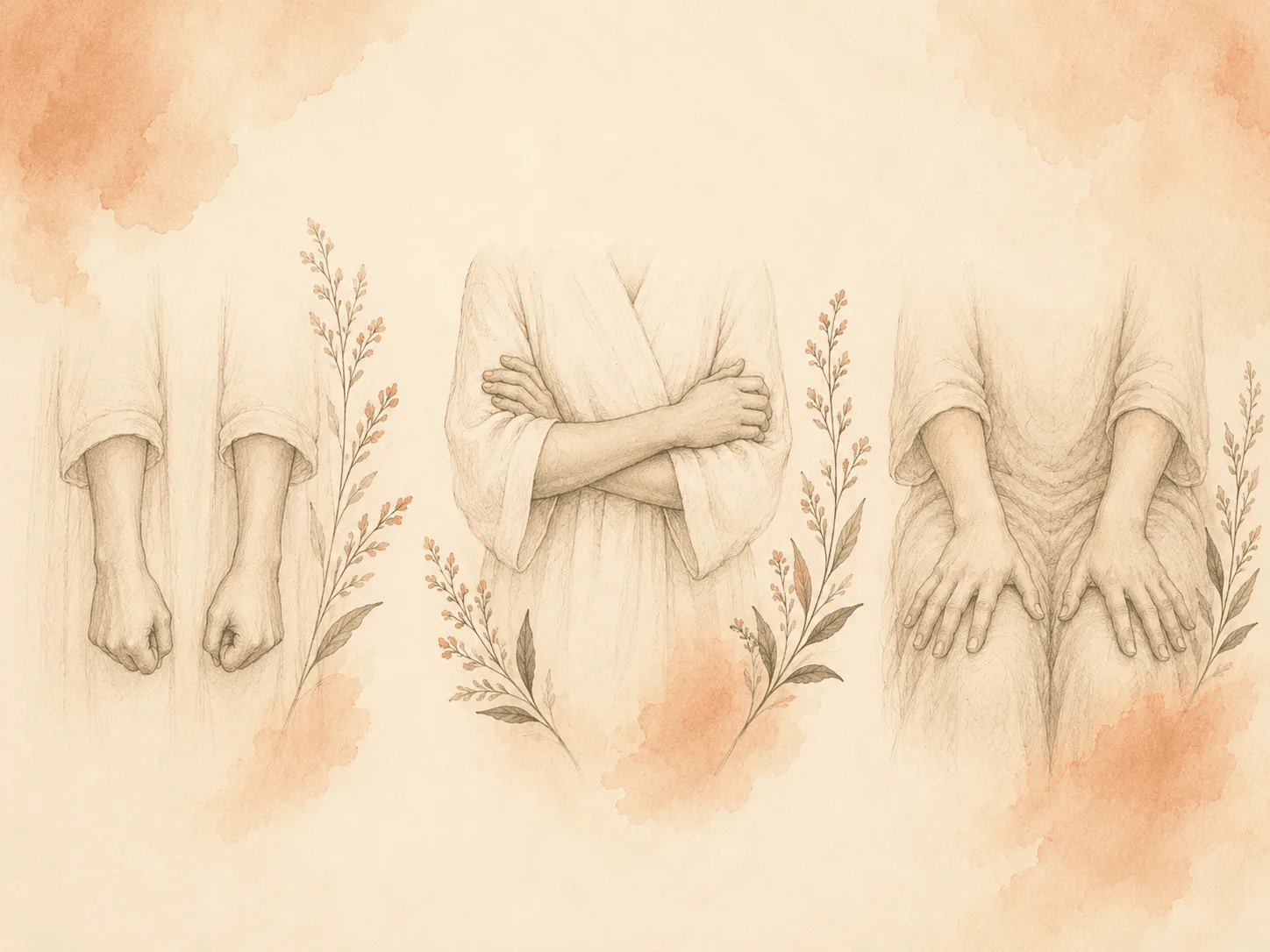 Three competing response hand positions drawn side by side: closed fists with thumbs tucked, arms crossed with hands under the opposite upper arms, and both palms pressed flat on the thighs