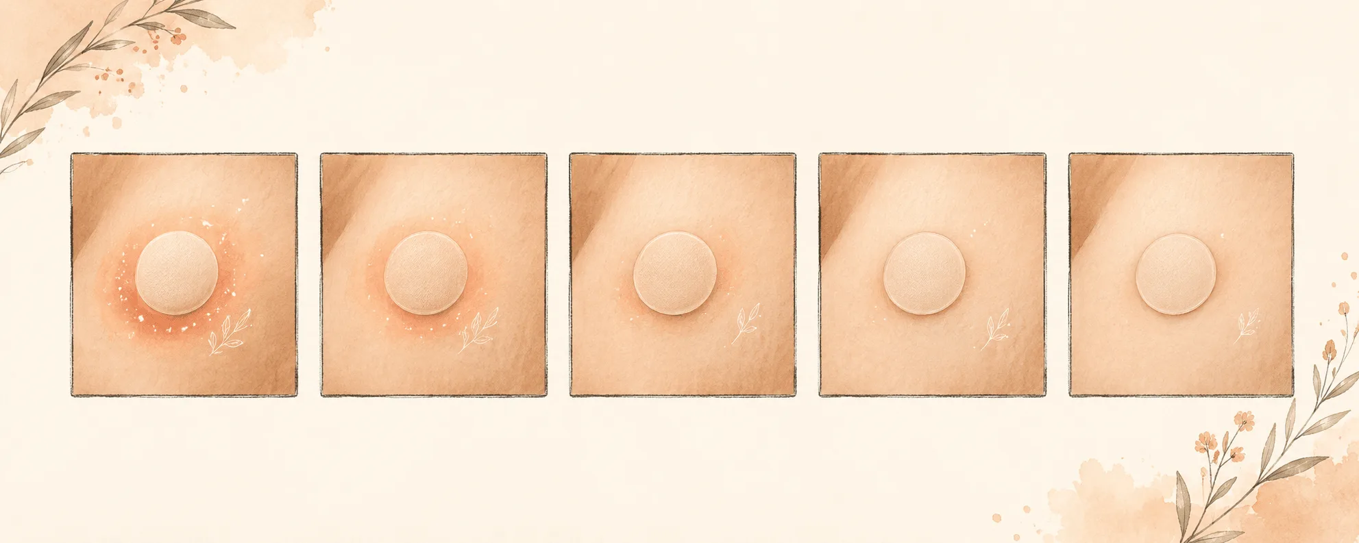Five small panels showing a covered spot on skin healing undisturbed across five days, with a hydrocolloid patch left in place, illustrating healing as part of the treatment rather than the result