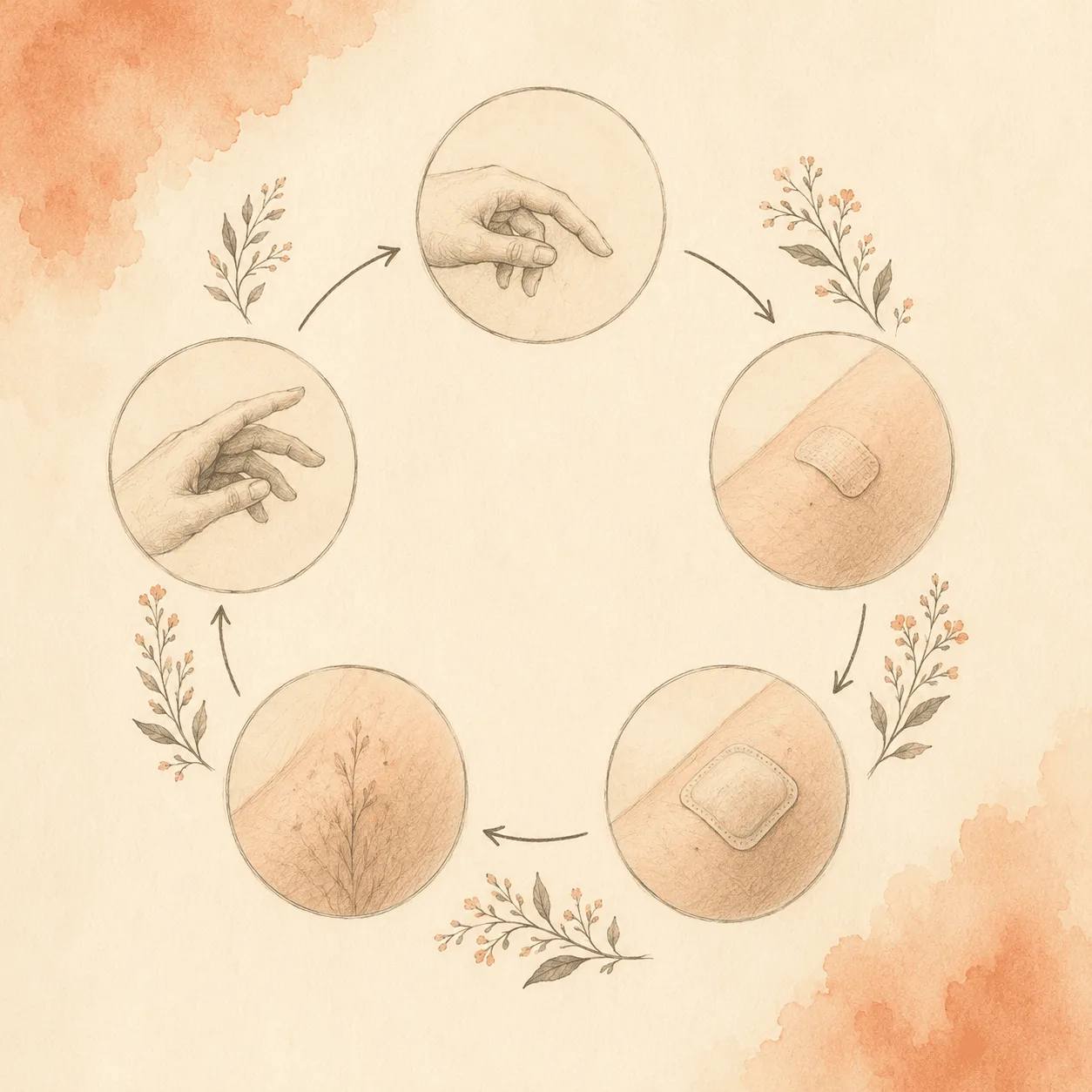 A circular diagram of the skin picking loop: a fingertip inspecting, then picking, then a covered healing spot, then new texture drawing the fingertip back, showing how picking creates its own next trigger