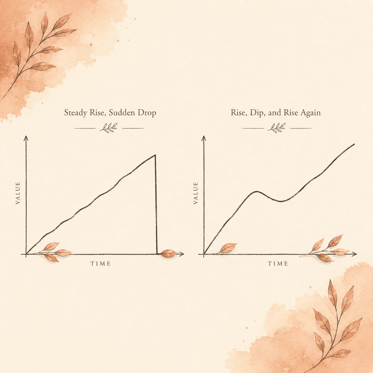 Two soft watercolor line charts side by side: the left one climbs then drops vertically to zero at a single mark, the right one climbs then dips gently and continues, illustrating a streak that resets versus a habit strength score that decays gradually.